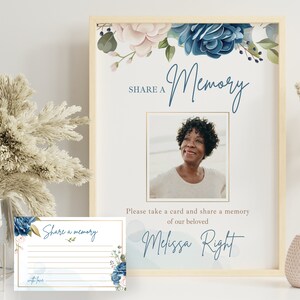 Imprimable imprimable avec fleurs bleues + carte souvenir, souvenir pour la perte d'un être cher, imprimé funéraire modifiable - FF44