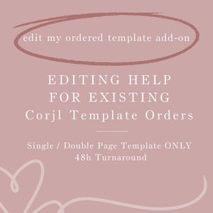 Puede incluir: Gráfico rosa con texto blanco. El texto incluye "edit my ordered template add-on", "EDITING HELP FOR EXISTING Corjl Template Orders", "Single / Double Page Template ONLY" y "48h Turnaround".