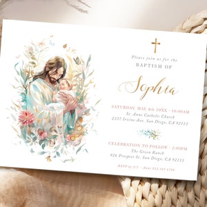Invitation au baptême MODIFIABLE pour bébé fille ou garçon, Jésus avec nouveau-né, carte de baptême illustrée avec fleurs sauvages - B11