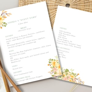 Menú de celebración de primera comunión, bautizo LDS, confirmación, plantilla editable menu para niña personalizable, flores amarillas- MEYP