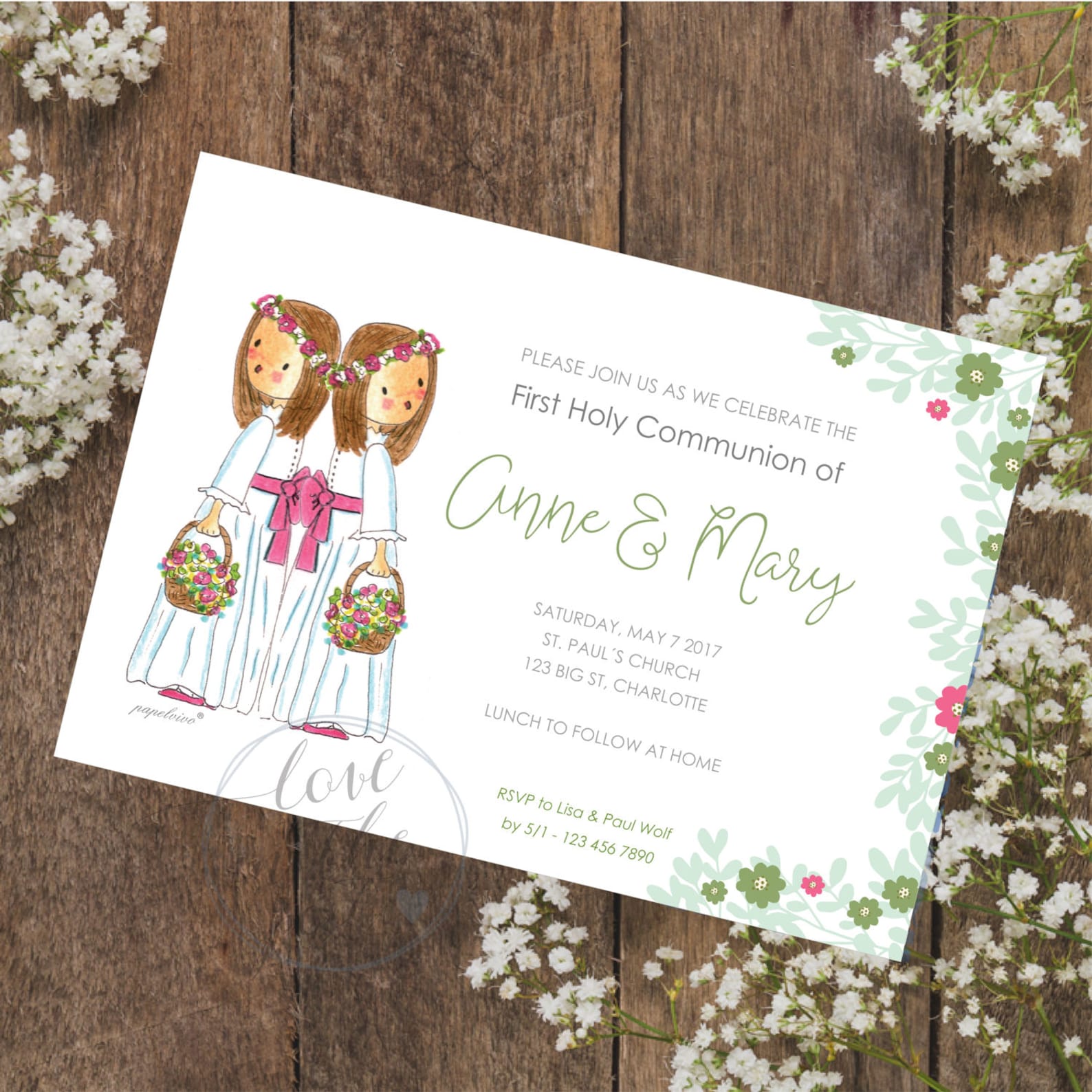 Printable Twin Girls First Communion Invitation / Confirmation Etsy