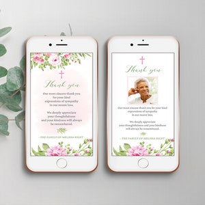 Electronic funeral thank you card with pink flowers, templates for woman, smartphone thankyou, digital photo card, celebration of life -FF14