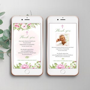 Tarjeta digital de agradecimiento con flores rosas para mujer, plantillas editables funeral smartphones, gracias electronicas - FF14