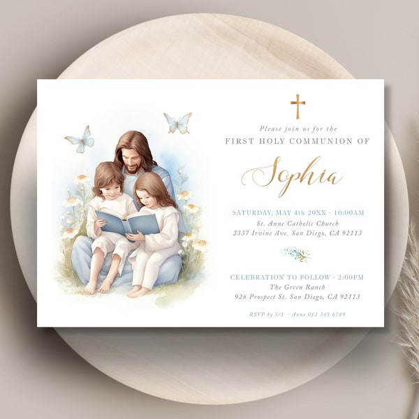 First Holy Communion twins invitation, EDITABLE TEMPLATE invite for brother and sister with Jesus, boho watercolor illustration- CP50