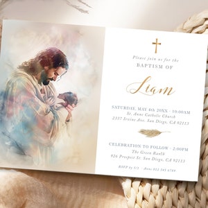 Invitation au baptême MODIFIABLE pour garçon ou fille, Jésus avec nouveau-né, modèle de carte de baptême illustré doux - B7
