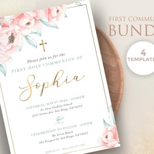 Primera comunion de niña con flores rosas, set de plantillas, invitacion, tarjeta regalos, tarjeta agradecimiento, poster - CF58