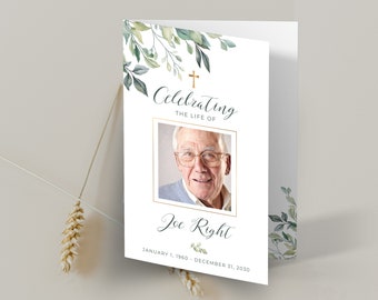 Greenleaves Funeral Program Template for man, Editable Memorial Program, Obituary, Celebration of life, In loving memory, CANVA template FM1