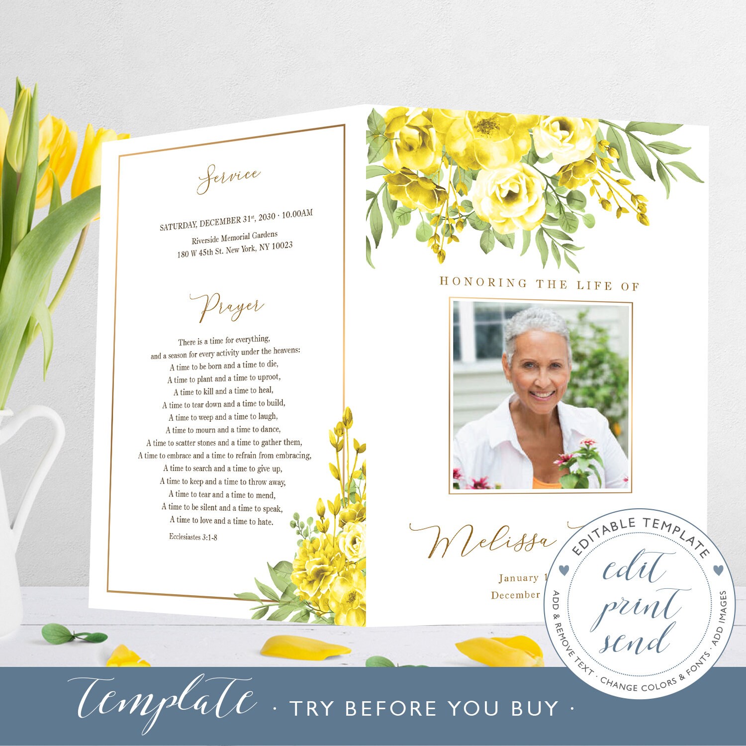 Sample Funeral Programs With Roses Yellow Roses Funeral Program Template, Celebration of Life Floral ...