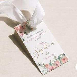 Carte cadeau modifiable pour fleurs première communion fille, confirmation, invitation communion bleu et or, invitation communion féminine - CF40