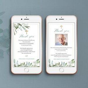 Carte de remerciement numérique avec branches d'olivier, modèles funéraires modifiables pour smartphones, remerciements funéraires électroniques - FM5