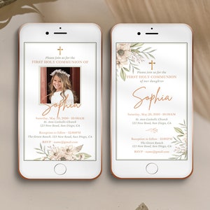 Invitation animée à la première communion pour téléphone portable ivoire, modèle de communion vidéo pour smartphones, confirmation - CF85