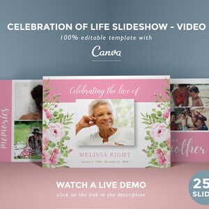May include: A slideshow template with a pink and white floral design. The text reads "CELEBRATION OF LIFE SLIDESHOW - VIDEO" and "100% editable template with Canva." The slideshow includes photos and the text "Celebrating the live of" and "MELISSA RIGHT".