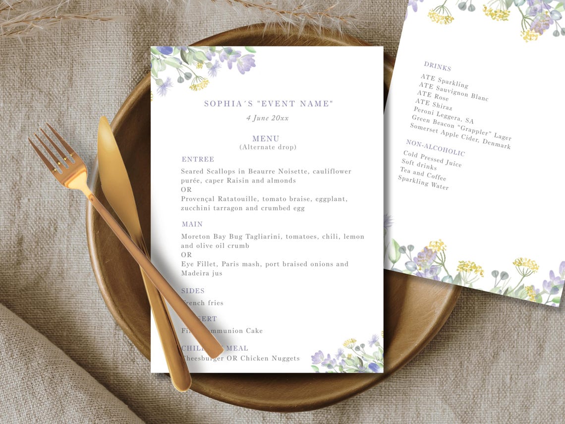 Editable Menu for Girl With Lavender Flowers, Multi-event, First ...