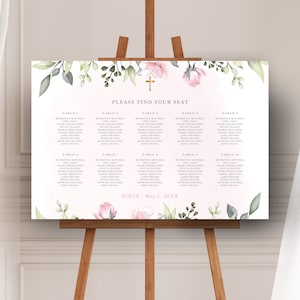 Plantilla organizacion de mesas para primera comunion, tarjetas con numero de mesa florales - CF62