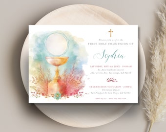 May include: First Holy Communion invitation featuring a watercolor design with a chalice, host, and floral accents. The invitation includes the name "Sophia", event details, and RSVP information. The design is set against a soft, pastel background.