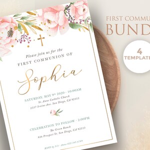 Primera comunion de niña con flores rosas, set de plantillas, invitacion, tarjeta regalos, tarjeta agradecimiento, poster - CF54