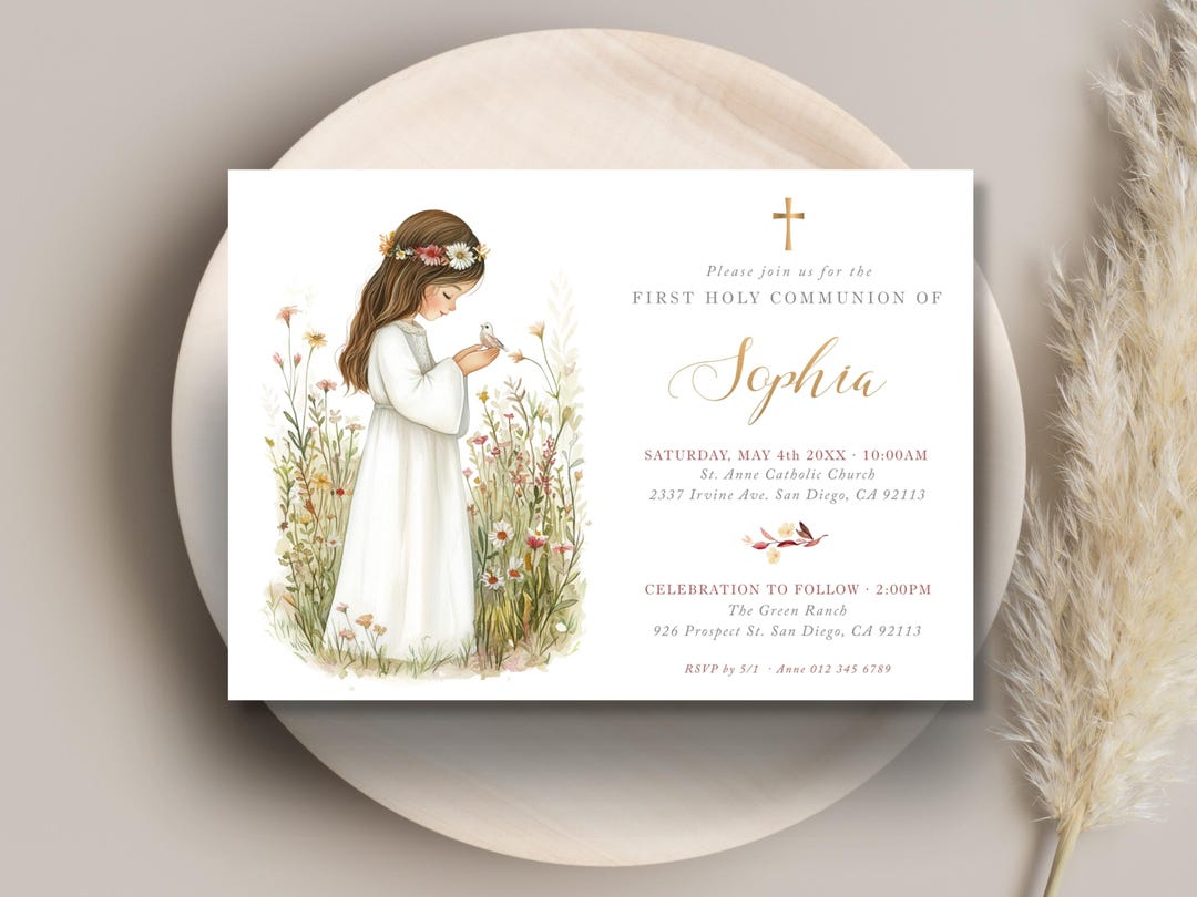 Editable First Holy Communion Invitation TEMPLATE for Brown Hair Girl ...