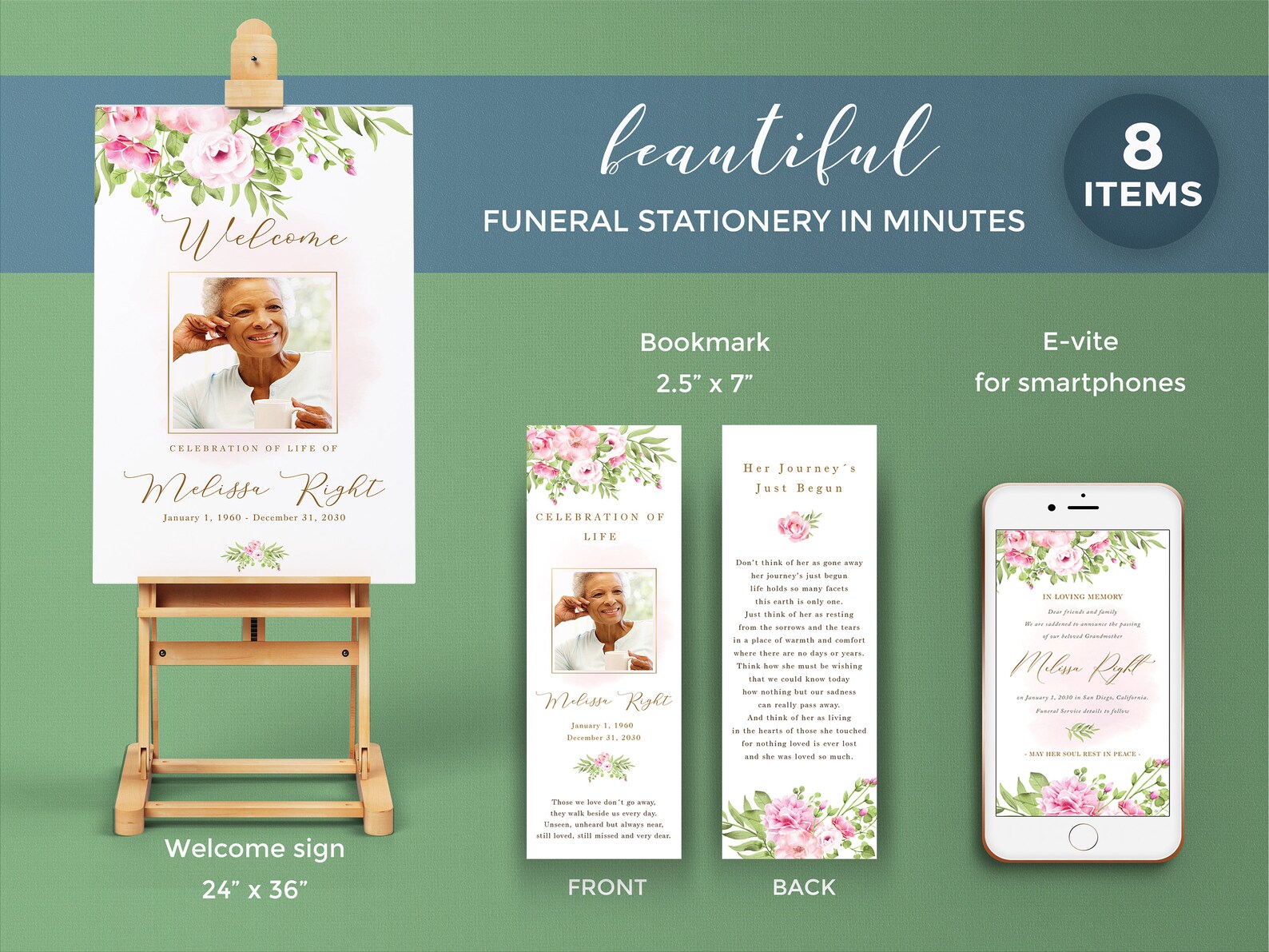 Pink Roses Funeral Template Bundle for Woman Memorial | Etsy