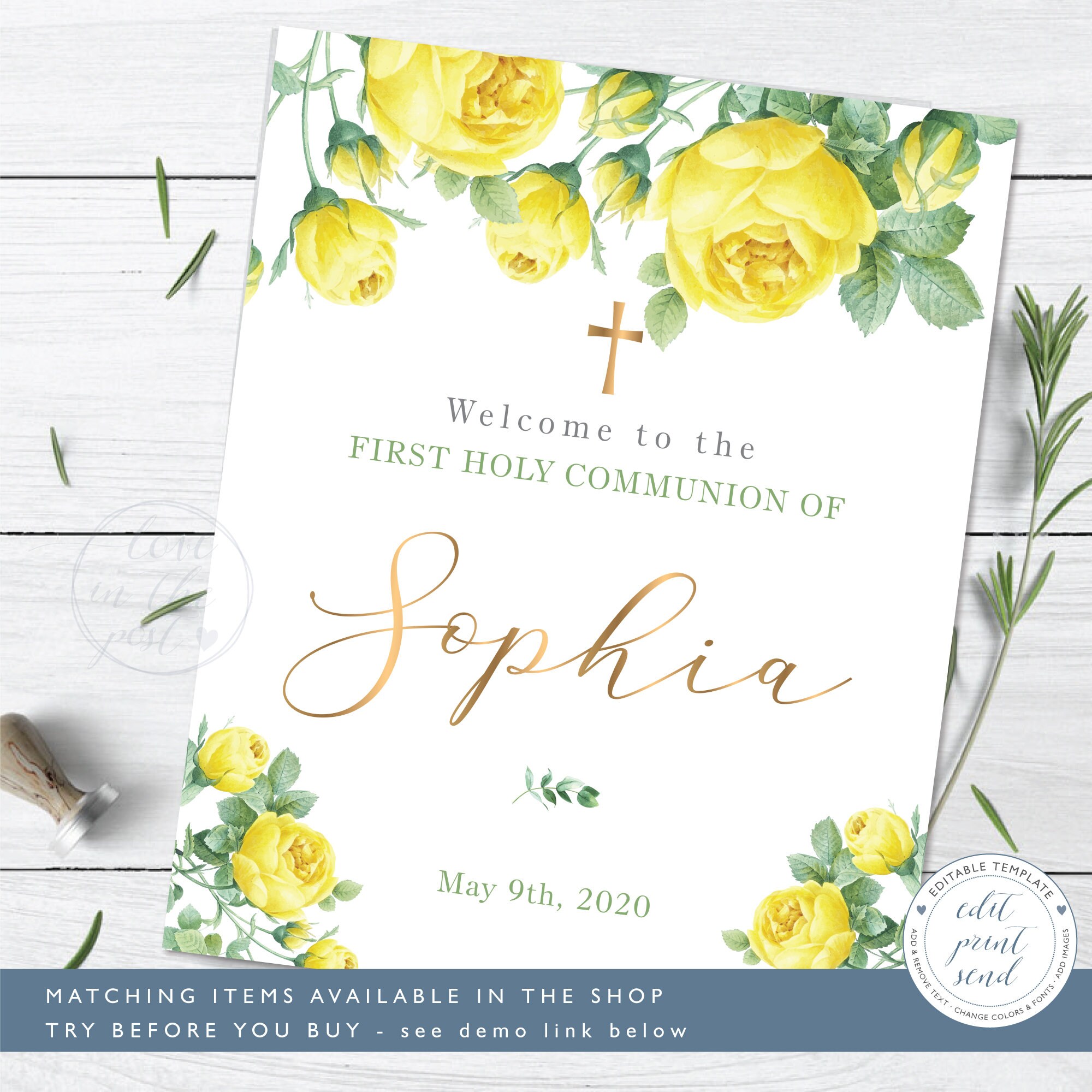 Yellow Roses Communion Welcome Sign, First Communion Welcome Poster ...
