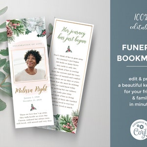 Christmas Memorial Service keepsake, Celebration of life floral bookmark, Memorial Card for Remembrance, Funeral favor card template  - FF7