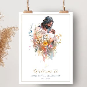 Jesus con un bebe en sus brazos, PLANTILLA EDITABLE, cartel bienvenida celebración bautizo, decoración bautizo de niña o niño - B5