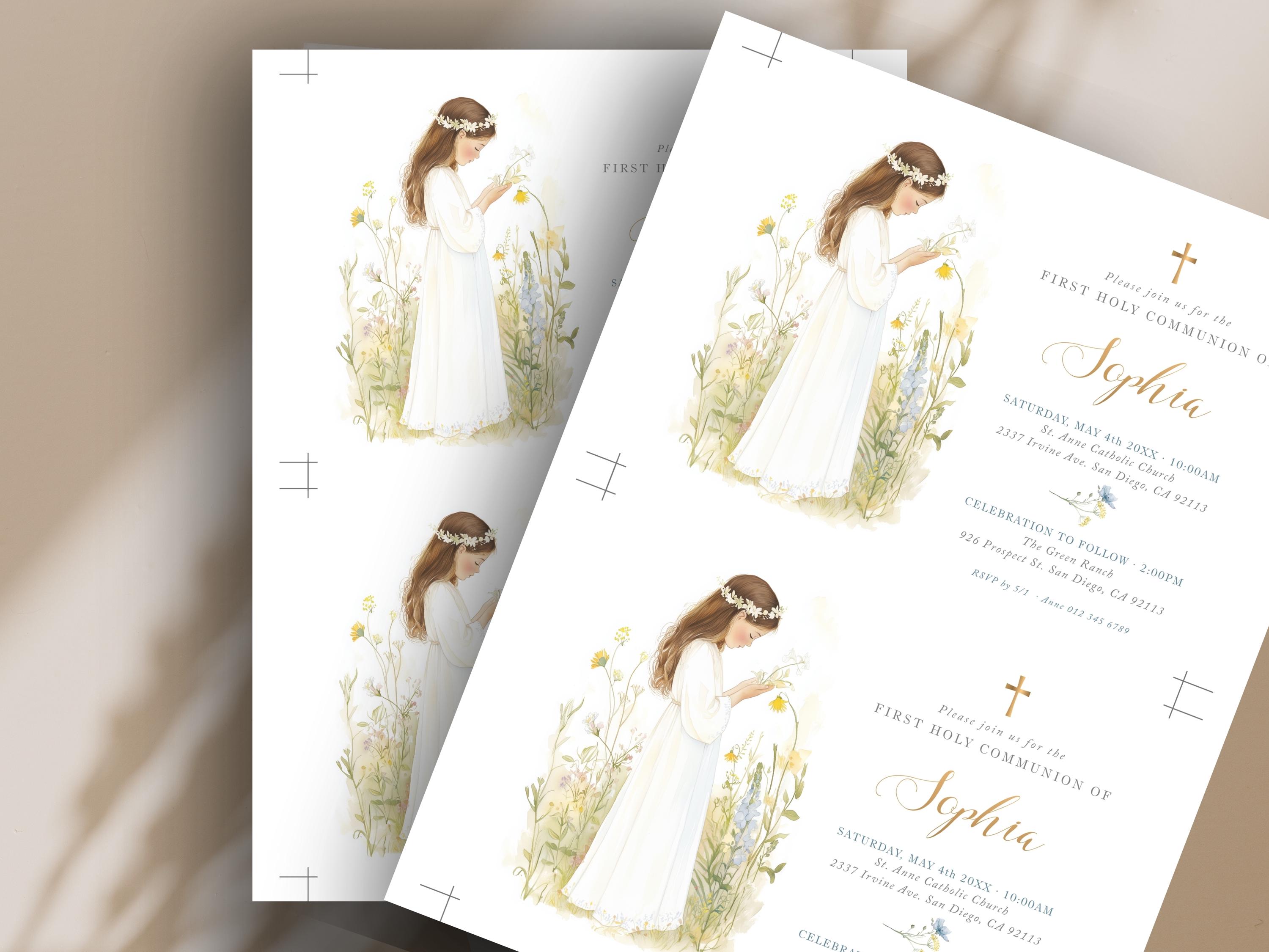 First Holy Communion Invitation TEMPLATE for Girl With Wildflowers ...