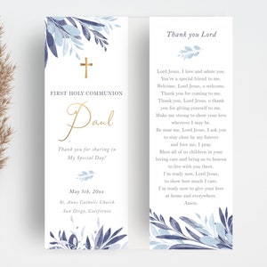 Editable First Communion Bookmark for Boy With Blue Leaves, Prayer Card ...