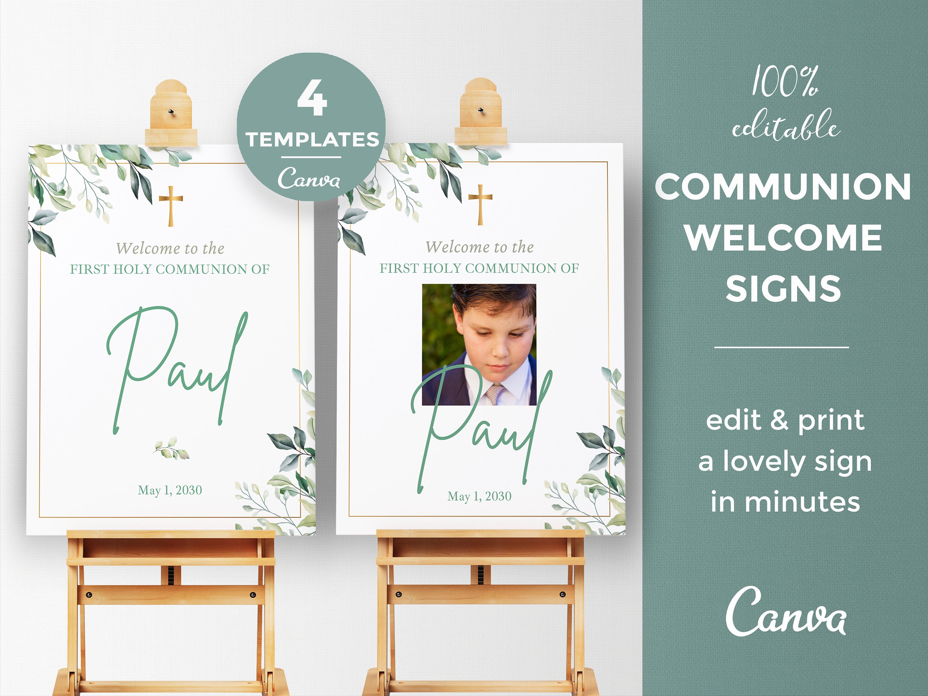 Greenery Communion Welcome Sign for boy, First Holy Communion Welcome Poster, Photo Sign template, Communion Decor, Set of 4 - CF70