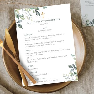 Menu per la celebrazione della prima comunione con rami verdi, modello modificabile, decorazione della tavola, prima comunione del bambino - CF70