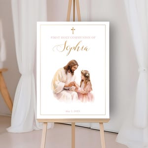 Cartel bienvenida comunion con Jesús  y una niña, hermanos, gemelos, PLANTILLA editable de cartel para celebración de comunión - CP38