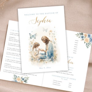 Peut inclure: Un programme de baptême avec une illustration aquarelle de Jésus et une jeune fille priant ensemble. Le programme comprend le texte "Bienvenue au baptême de Sophia" et la date "5 mai 20xx".