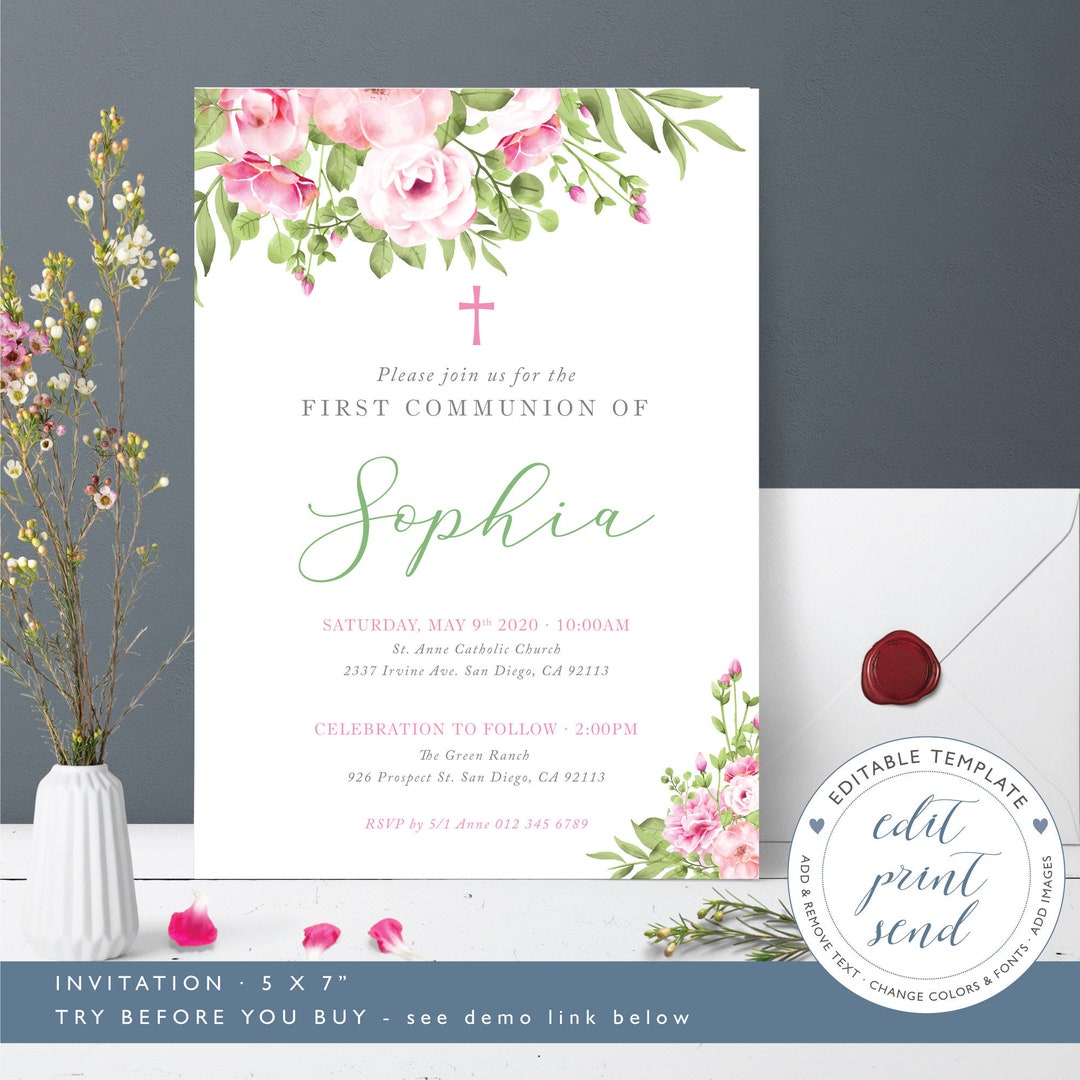 Pink Flowers First Communion Invitation, Invite for Girl, Holy ...