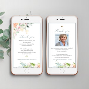 Carte de remerciement numérique avec fleurs pastels pour femme, modèles éditables smartphones funéraires, remerciements électroniques - FF17