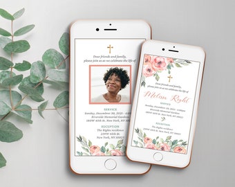 Electronic death announcement template for woman, smartphone Funeral digital Invitation , animated  photo e-vite, celebration of life FF10