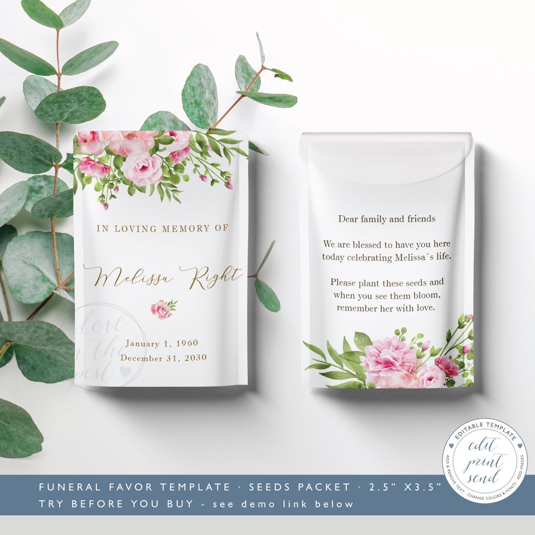 Seed Packet for Funeral, Memorial Seed Packets Template, Celebration of Life Favor, Remembrance ...