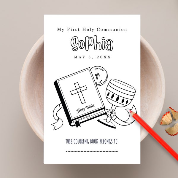 Printable First Communion Coloring pages for Kids | Editable cover Bible activity book | First Holy Communion keepsake- CB15