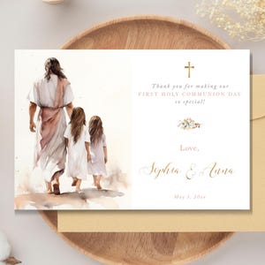 Carte de remerciement modifiable pour la première communion des sœurs, des jumeaux et des jumeaux bohèmes, avec illustration de Jésus, modèle - CP77