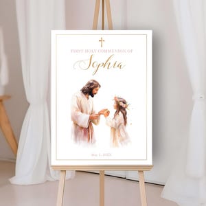 Cartel bienvenida comunion con Jesús  y una niña, hermanos, gemelos, PLANTILLA editable de cartel para celebración de comunión - CP40