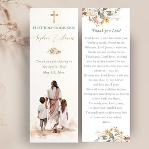 Marcapáginas de regalo de comunion EDITABLE para hermanos, Jesús con niño y niña de primera comunión, recuerdo de comunion, biblia CP79