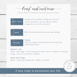 Pu&ograve; includere: Una grafica blu e bianca con istruzioni su come personalizzare un file digitale. Il testo recita "brief instructions" e "4 easy steps to personalize your file".