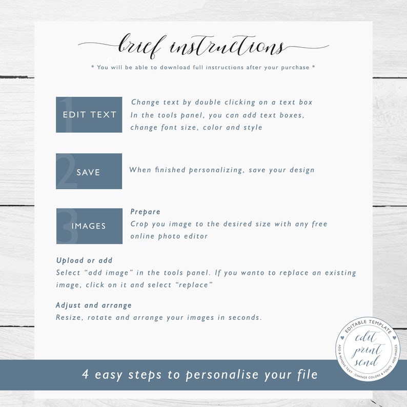 Pu&ograve; includere: Una grafica blu e bianca con istruzioni su come personalizzare un file digitale. Il testo recita "brief instructions" e "4 easy steps to personalize your file".