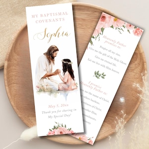 Editable LDS bookmark for girl, baptismal covenants template, Jesus and girl customizable bookmark, LDS baptism gift, favor, keepsake - LDS3