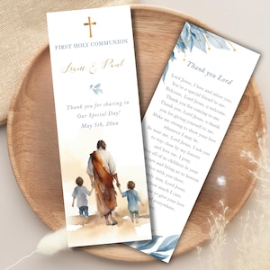 Marcapáginas de regalo de comunion EDITABLE para niños, Jesús con hermanos de primera comunión, recuerdo de comunion, marcapáginas CP54