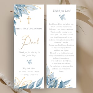 Marque page pour cadeau de communion modifiable pour garçon, souvenir pour communion, carte florale pour communion fleurs bleues - CF69