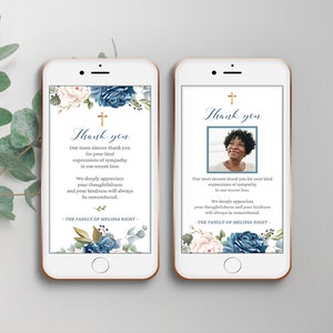 Tarjeta digital de agradecimiento con flores zules para mujer, plantillas editables funeral para smartphones, gracias electronicas - FF44