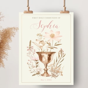 Cartel bienvenida comunion con cáliz y flores rosas, plantilla de cartel para confirmación, decoración comunión de niña - CF32