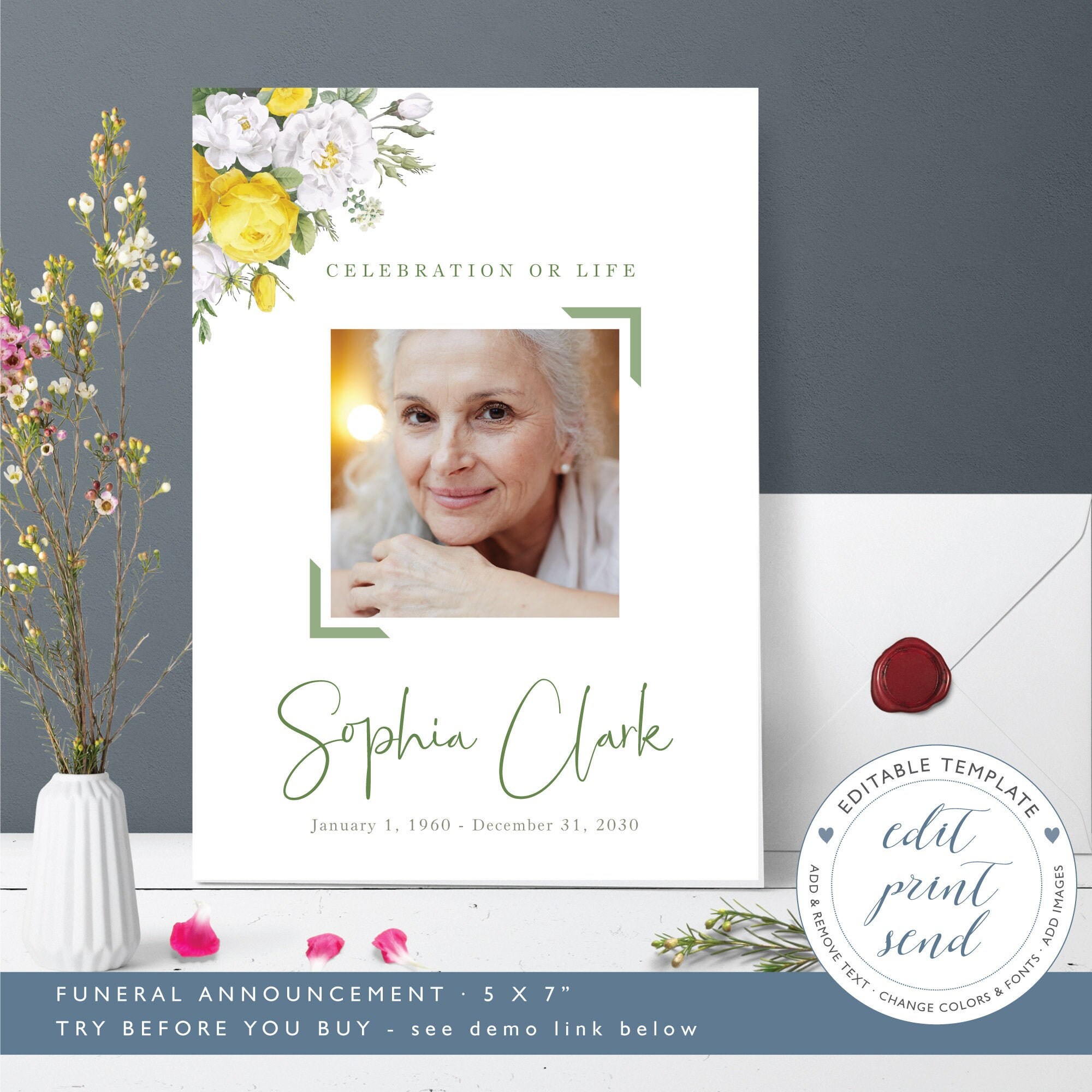 Yellow Roses Funeral Vector Yellow Roses Funeral Announcement Template Celebration of - Etsy
