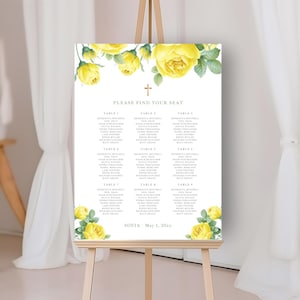 Plantilla organizacion de mesas para primera comunion con rosas amarillas para niña, tarjetas con numero de mesa florales - CF41