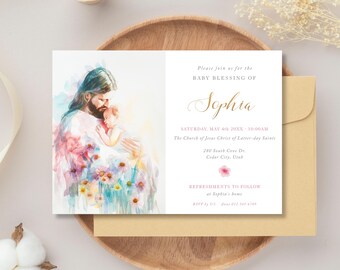 LDS Baby Blessing Invitation, Editable Template, Jesus & Baby Artwork, Baby Blessing Card, Mormon Invite, Blessing Announcement - LDS3BB