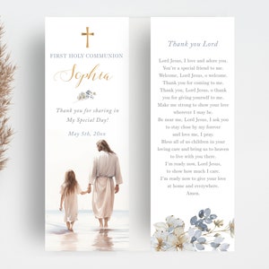 Marcapáginas de regalo de comunion EDITABLE para niña, Jesús y una niña de primera comunión, recuerdo de comunion, marcapáginas biblia CP10